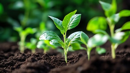 Poster - Vibrant Green Plant Seedlings Growing in Fertile Soil Under Natural Light CloseUp : Generative AI