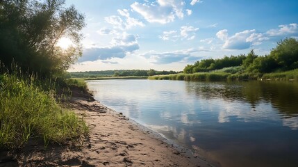 Poster - Tranquil Riverside Landscape with Lush Greenery and Sunlit Riverscape : Generative AI