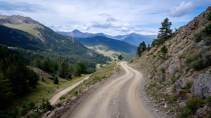 Poster - Scenic Winding Dirt Road Through Green Mountain Valley on a Clear Day : Generative AI