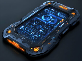 Poster - Futuristic tablet displaying data; dark background; tech concept