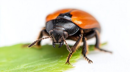 Poster - Closeup of a vibrant orange beetle on a green leaf showcasing its intricate textures and natural colors : Generative AI