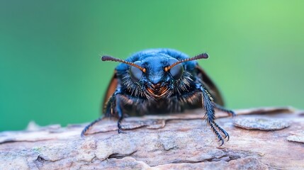 Poster - CloseUp Shot of a Blue Beetle on Wood with Green Background : Generative AI