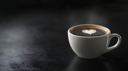 Poster - Steaming Hot Coffee with Heart Latte Art in White Cup on Dark Background : Generative AI