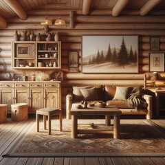 Wall Mural - Modern living room with wooden floor, framed art and stylish rustic  wooden furniture in a cozy home