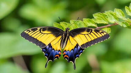 Poster - Yellow and Black Swallowtail Butterfly with Blue Highlights on Leafy Green Background : Generative AI