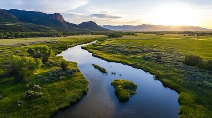 Poster - Scenic View of Serene River Flowing Through Lush Green Landscape at Sunset in a Tranquil Mountainous Region : Generative AI