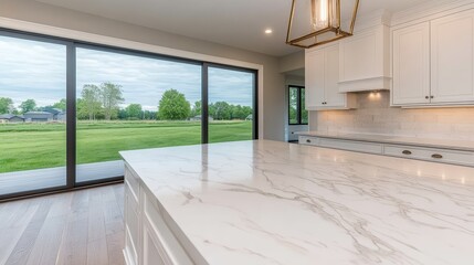 Canvas Print - Modern Kitchen Interior with Marble Island and Scenic View