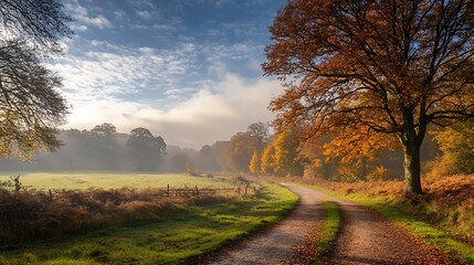 Poster - Idyllic Rural Autumn Scene with Trail and Golden Leafed Trees in Bright Morning Light : Generative AI