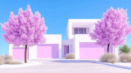 Wall Mural - Modern Minimalist House with Blooming Pink Trees