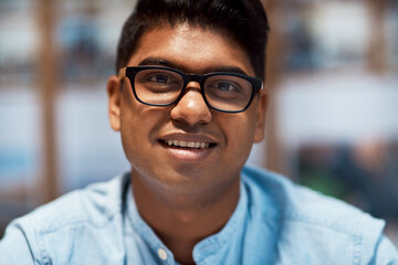 Poster - Happy, glasses and portrait of man in office for engineering career with civil architecture project. Smile, pride and male architect from India with confidence for industrial job with city planning.