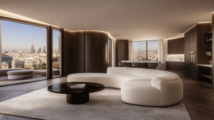 Canvas Print - Modern Penthouse Apartment with City View and Curved Sofa