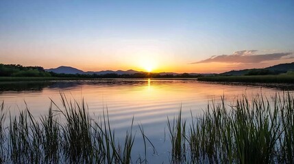 Poster - Serene Sunset Over a Tranquil Lake with Mountains in the Background : Generative AI