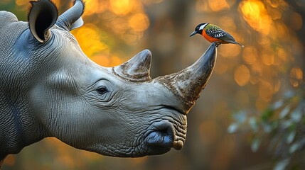 Rhino and bird sunset savanna Africa wildlife