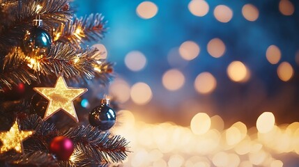 Aufkleber - Festive Christmas Tree with Glittering Lights and Golden Ornaments for Holiday Spirit : Generative AI