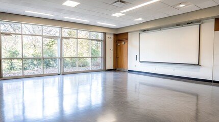 Leinwandbilder - Empty Bright Classroom with Large Windows and Modern Presentation Screen : Generative AI