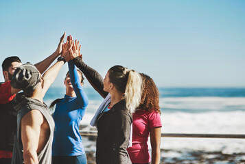 Poster - Fitness group, friends and high five outdoor for success, support and training motivation at beach. Exercise team, people and hands together to celebrate health goals, wellness and target achievement