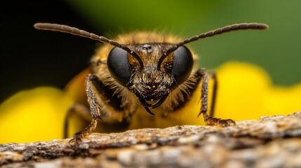 Poster - Macro shot of bee on wood with vivid yellow background closeup insect details : Generative AI