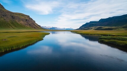 Poster - Picturesque Mountain Valley with Calm River Reflecting Blue Sky : Generative AI