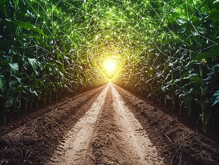 Poster - Cornfield path, digital network, sunset, agriculture tech