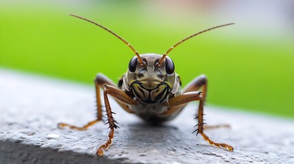 Poster - Macro close up of cricket on stone surface with green nature background : Generative AI