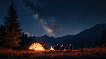 evening summer camping with campfire in spruce forest on background of sky with falling stars and mi