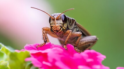 Poster - Charming Grasshopper Resting on Vibrant Pink Flower in Nature Captured with Bokeh Background : Generative AI