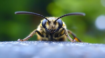 Poster - Closeup macro photography of a bee with detailed eyes and antennae on colorful blurred background : Generative AI