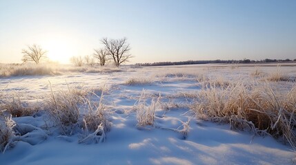 Poster - Snowy Winter Wonderland with FrostCovered Trees and Clear Blue Sky at Sunrise : Generative AI