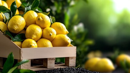 Wall Mural - Fresh Bright Yellow Lemons in Wooden Crate