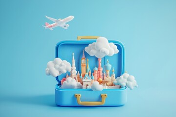 Wall Mural - 3D isometric model of an open blue suitcase with paper cut-out clouds. Inside the bag, there are miniature models of famous landmarks from around the world