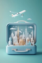 Wall Mural - 3D paper-cut style, a travel suitcase with famous landmarks and cityscapes inside it, an airplane flying above the bag on a blue background, a minimalistic design