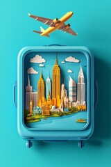 Wall Mural - 3D paper-cut style, a travel suitcase with famous landmarks and cityscapes inside it, an airplane flying above the bag on a blue background, a minimalistic design