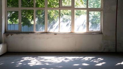 Poster - Abandoned Room with Sunlight Streaming through Large Windows and Overgrown Outdoor View : Generative AI
