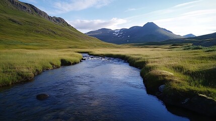 Aufkleber - Serene Scenic River Flowing Through Verdant Mountain Landscape in Broad Daylight : Generative AI
