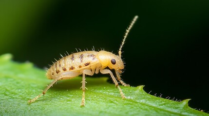 Poster - Macro close up of a tiny yellowish beetle showcasing delicate features on a fresh green leaf background : Generative AI