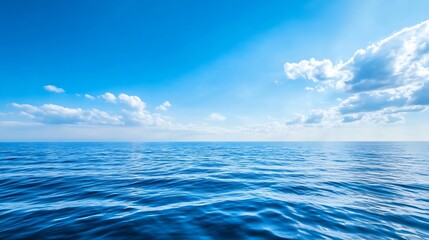 Poster - Expansive ocean view under a bright blue sky with fluffy clouds and infinite horizon : Generative AI