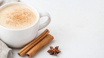 Wall Mural - Cozy spiced latte, cinnamon, star anise, light background, autumn drink