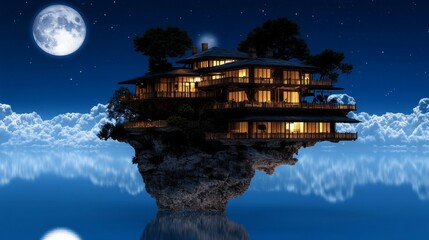 Canvas Print - Nightfall Over Cloud Sea Floating Island Mansion