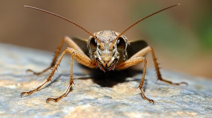 Poster - Detailed Closeup of an Alert Cricket Inspecting Its Surroundings on Rocky Surface : Generative AI