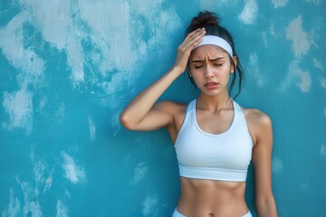 Stressed young South Asian woman in sportswear drinks water anxious about a problem