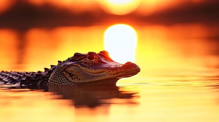Poster - Alligator Resting in Calm Water at Sunset with Golden Reflection : Generative AI