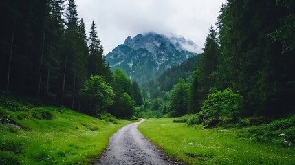 Poster - Majestic Mountain Landscape with Lush Green Forest and Misty Peaks on a Cloudy Day : Generative AI