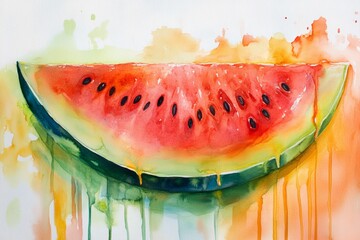 Vibrant watercolor watermelon slice with juicy drips