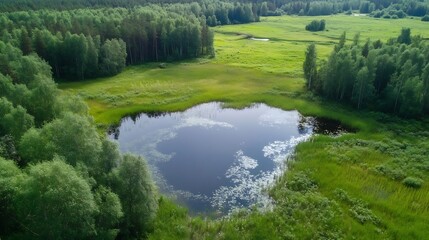 Aufkleber - Scenic Aerial View of Tranquil Lake Surrounded by Dense Forest : Generative AI