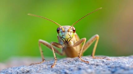 Poster - Macro Portrait of Grasshopper with Detailed Features and Natural Green Background : Generative AI