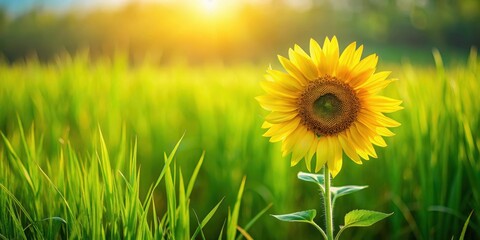 Wall Mural - A bright yellow sunflower with a subtle smile and intricate details standing alone in a field of tall green grass on a sunny day, happy, garden