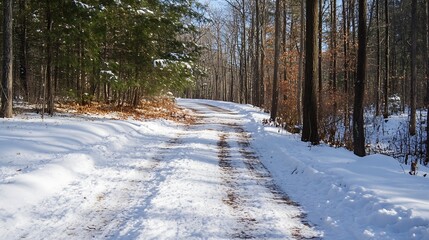 Poster - Tranquil Snow Covered Forest Path with Bare Trees in Winter : Generative AI