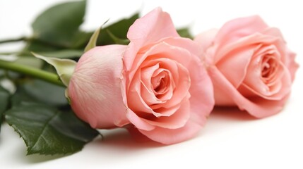 Poster - Two pink roses with lush green leaves symbolizing love and romance in a soft white background : Generative AI