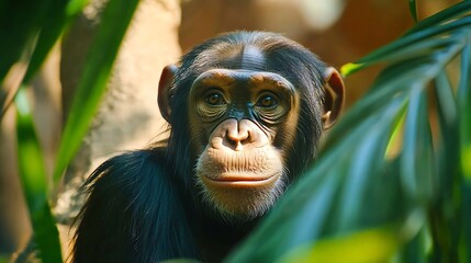 Poster - Portrait of a Chimpanzee in Lush Jungle Habitat with Captivating Eyes : Generative AI