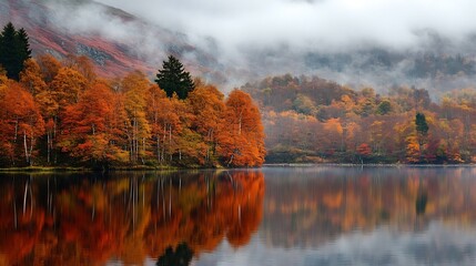 Poster - Idyllic Autumn Forest Lake Scenery with Vibrant Foliage and Misty Hills : Generative AI